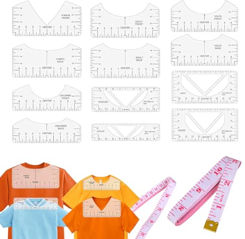 TenaLucy 12 Pièces Outil de Centrage pour T-Shirt pour Col Rond Col V | PVC Règle de Positionnement avec 1 Ruban À Mesurer Souple de 1m, Guide de Règle de T-Shirt pour Adultes Adolescents Enfants
