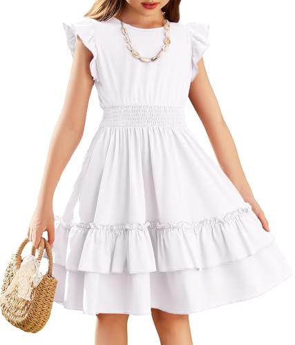 Arshiner Niñas Vestido Mangas Voladoras Verano Niños Algodón Vestido Ocio A-Line Elegante Swing Vestidos de Fiesta para Niñas 5-13 Años
