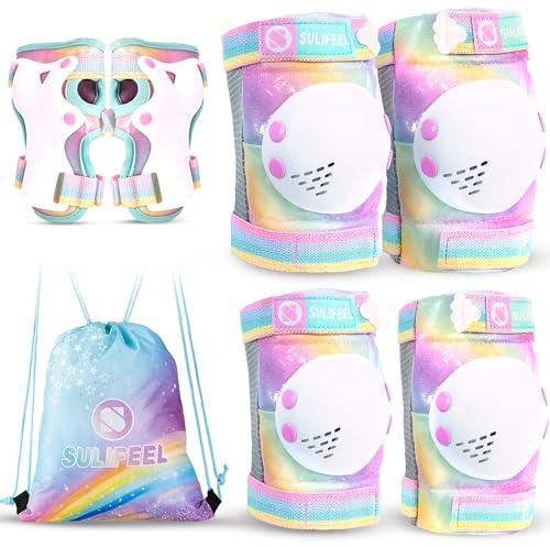 SULIFEEL Shiny Knee Pads for Kids Knee Elbow Pads Wrist Guards for Girls Boys Adjustable Protective Gear Set with Drawstring Bag Rainbow Unicorn