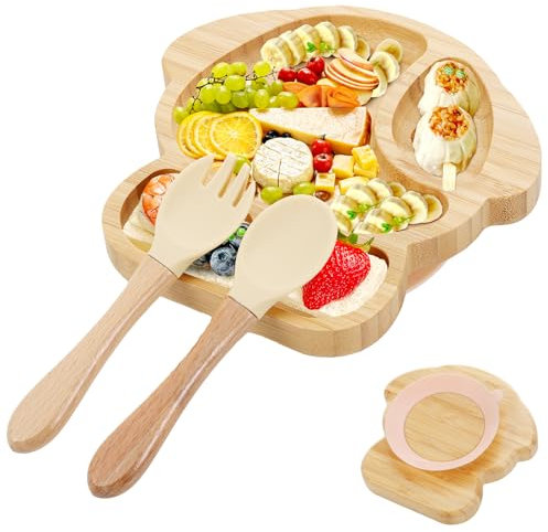 Huiguli Piatto per Bambini Bambù, Plato de Alimentación con Ventosa y Cuchara Tenedor, Antideslizante Plato Dividido de Bambú para Bebés 6 Meses, Forma de Cachorro