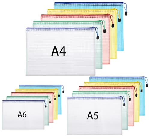 15 Stück Dokumententasche A4+A5+A6, Wasserdichte Reißverschlusstasche Dokumentenmappe mit Reißverschluss Dokumententaschen für Datei Prüfungspapier Quittungen Kosmetika (5 Farben)