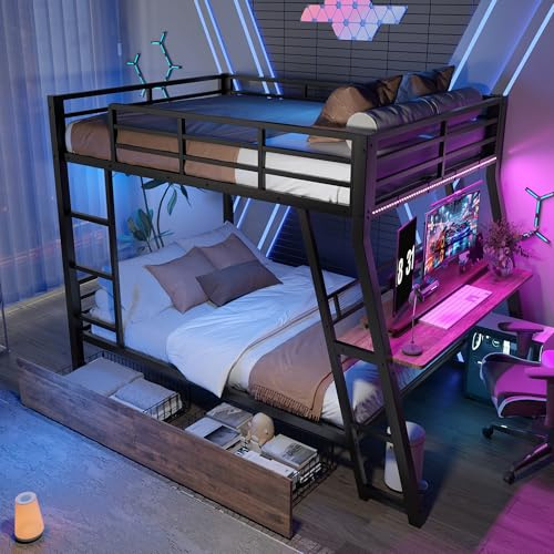 KecDuey Letto a Castello Gaming Matrimoniale 140x200 cm in Metallo, con Scrivania, 2 Cassetti e Luci LED, Colore Nero