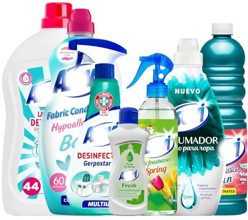 7 Piece Green Bundle Spanish Cleaning Products, Air Freshener, Fresh Liquid Drops, Fabric Scent Booster, Multipurpose Disinfectant, Floor Cleaner, Fabric Softener Conditioner, Baby Laundry Detergent