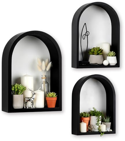 Threehoney 3 Set Wall Shelf 9.8 x 7.1 Inch Wooden Hanging Shelf Deep Display Storage Shelves Floating Shelves for Home Office Room Mini Figures Potted Plants Wall Decor(Arched,Black)