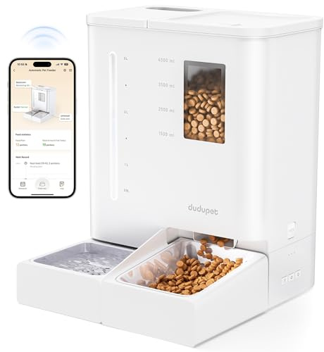 DUDUPET Distributore Automatico Cibo Gatti e Fontanella 2 in 1-2.4G/5G WIFI, Controllo via App, 5L Dispenser Cibo Gatto e 4L Fontana d’Acqua, Registrazione Vocale