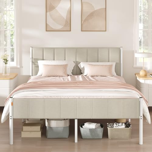 VASAGLE Struttura Letto Matrimoniale, 160 x 200 cm, con Testiera Imbottita, Telaio del Letto, Doghe in Acciaio, Regge fino a 500 kg, Montaggio Facile, Beige Cappuccino RMB975LH01
