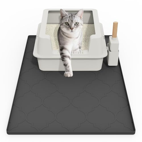 KIXCVDM Tappetino Lettiera Gatto in Silicone,Taglia Grande Tappeto Lettiera Gatti, Facile Da Pulire,Morbido Sulle Zampe Del Gatto,Impermeabile,Anti-Urina,Tappetino con Bordo (Nero, L)