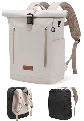 YOKGO Roll-Top-Ryggsäck för Kvinnor och Män, Vattentät Laptopryggsäck | med 17,3 Laptopfack, Skolryggsäck, Fritidsryggsäck, Dagsryggsäck för Universitet,Skola,Företag,Arbete,Stad,Fritid,Off-white