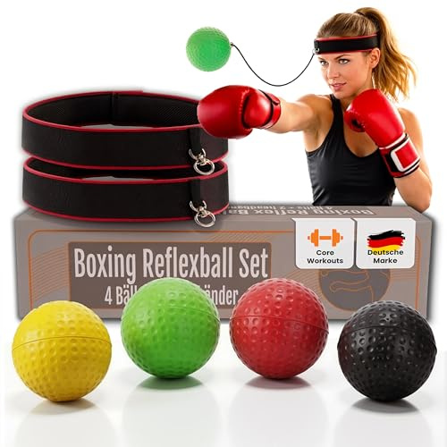 Premium Boxing - Set di 4 palline e 2 fasce per capelli, sfera riflettente per boxe e kickboxing, palla da boxe sulla testa per reazione e allenamento, attrezzatura da box di alta qualità per ogni