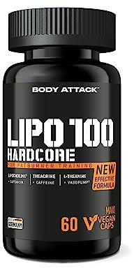 Body Attack Lipo 100 Hardcore 60 Kapseln - Extrem hochdosierte Formel für Diät & Abnehmen - Mit Markenrohstoffen, Choline, Koffein, Grüner Tee Extrakt, Vitamin B3, Koffein - Made in Germany