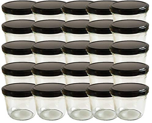 hocz 25x Marmeladengläser 230 ml Set | Deckel Schwarz TO 82 | mit Etiketten NZ | Einmachgläser mit Schraubdeckel zum befüllen | Sturzgläser für Marmelade | Schraubgläser | leere Gläser | 25 Stück