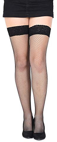 SENTELEGRI Sexy Fishnet Hold Up Stockings With Lace Top, Sizes S,M, L, XL (Large, Black)