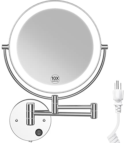 Benbilry 9 Large Size Wall Mounted Lighted Makeup Vanity Mirror, 1X/10X Magnifying 2-Sided AC Plug-in Powered Bathroom Mirror, 360° Swivel 13 Inch Extendable Arm, Chrome