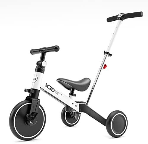 XJD 4 en 1 Triciclo Evolutivo de Bebé para Niños de 1-3 Años, Transformable a Bicicleta Con o Sin Pedales, Asiento Ajustable, Con Varilla de Empuje (Blanco)