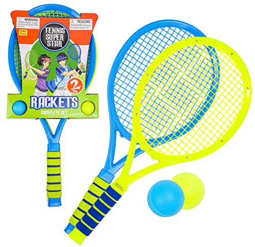 Kidplokio 2pc Tennis Racket Exercise Equipment Outdoor Playset with Tennis Balls, Kid Games, Blue Yellow, Boys, Ages 3+