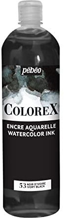 Pébéo - Encre Colorex 1 L Noir d'ivoire - Colorex Encre Aquarelle Pébéo - Encre noire Rendu Velouté - Encre Dessin Multi-outil Tous Supports - 1 L - Noir d'ivoire