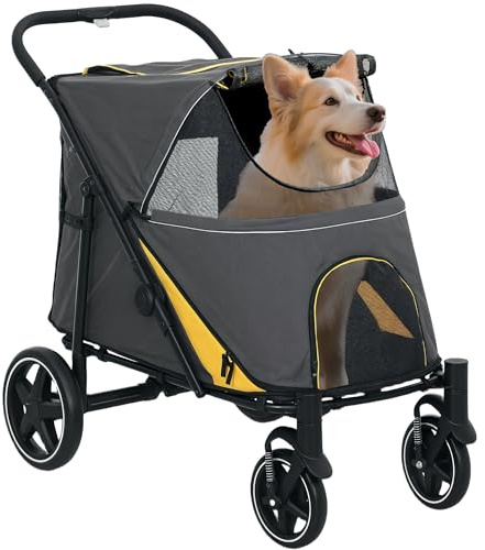 PawHut Dog Stroller, Foldable Pet Pram Dog Pushchair Buggy with Adjustable Canopy for Medium and Large Breeds, Dark Grey