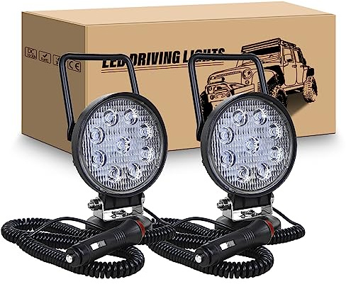 RIGIDON 2Pcs 10cm 27W phare de travail led aimanté, rond feux de travail, 12V 24V lampe de travail led avec base magnétique pour offroad Voiture camions SUV 4x4 tracteur, 6000K Led floodlights