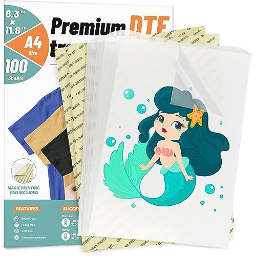 KASYU DTF Transfer Film with 2 Pcs Smart Printing Pads for All Sublimation and DTF Printers, 100 Sheets 8.5x11 Inch DTF Paper for All Color Fabric