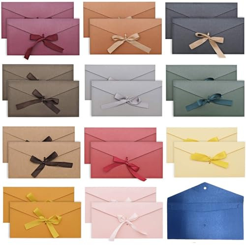 24 Stück Briefumschläge Kraftpapier Bunt, Blanko vintage Umschläge mit Bändern, Geschenkumschlag ohne Fenster für Einladungskarten zu Hochzeit, Geburtstag, 22 x 11 cm