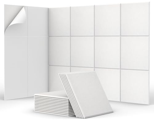 TONOR 18 PCS Paneles AcúSticos Adhesivos Cuadrados, 30 x 30 x 0,9 cm, Aislamiento AcúStico con Baldosas Murales de PoliéSter de Alta Densidad para Paredes, Techos y Puertas, Blanco