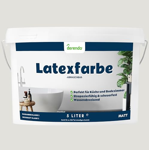 derendo Latexfarbe grau greige matt abwaschbar 5 Liter für Innen Küche Badezimmer streichen graue Wandfarbe hohe Deckkraft 5L