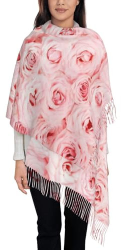 LAMAME Wunderschöner Schal mit Elefanten-Druck, Quaste, Fransenschal, Kaschmir-Schal, Schal, Rosa frische Rosen, One size