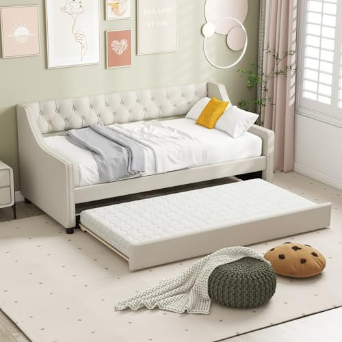COSTWAY Linen Upholstered Daybed with Trundle, Single Sofa Bed Frame with Button-Tufted Backrest and Wooden Slats Support, 2-in-1 Platform Day Bed for Bedroom Living Room (Beige)