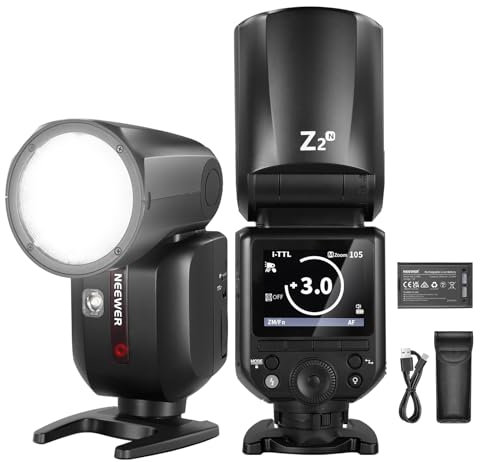 NEEWER Z2-N Flash Speedlite TTL Rotondo 2.4G, Compatibile con Nikon, 76Ws HSS 1/8000s, Nuova UI, 2 Lampade Pilota, Cambio Rapido TTL/M con Tasto TCM, Batteria 7,2V/3000mAh, 600 Flash a Piena Potenza