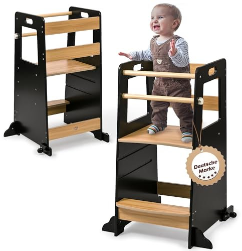 Baby Vivo Lernturm aus Holz Höhenverstellbar - Kippschutz Kindermöbel für Kinder ab 1 Jahr bis 50 kg - Learning Tower mit 2 Sicherheitsstangen Küche Tritthocker Montessori Lerntower Noah in Schwarz
