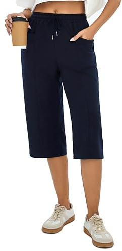 Demegimi Pantalones Deportivos Mujer 3/4 Capri Pantalón Algodón Deportivos Cintura Alta Pantalones Piratas Verano con Bolsillos para Yoga y Correr