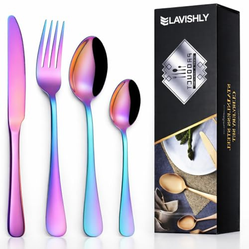 24-Piece Rainbow Stainless Steel Flatware Set, LAVISHLY Mirror Polished Cutlery for 6 People, Durable & Dishwasher Safe Tableware