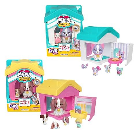 Little Live Pets Mama Surprise Families – Coffret Maison de Maman Bouledogue français et épagneul, 2 Maisons et des Chiots Uniques, 4-6 bébés par Maman, Set de Jeu Pliable, + de 80 à Collectionner