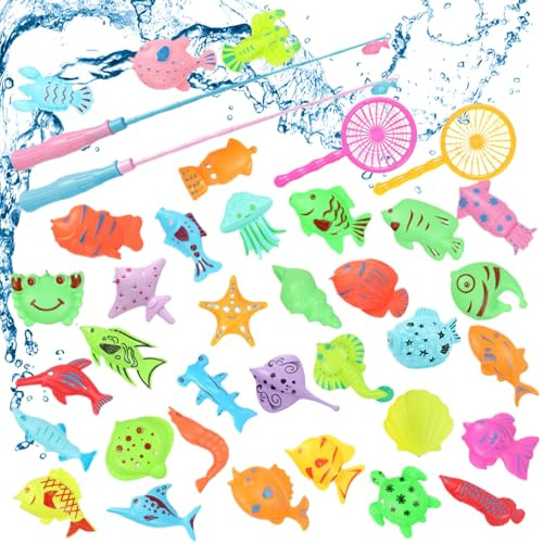 Juego de Pesca de Peces Imán, 38 Piezas Juego de Imanes de Pesca, Caña de Pescar para Bebes, Juguetes para el Baño, Juguetes Divertidos para el Aire Libre Grandes Regalos para Niños