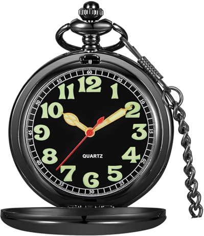 Tiong Montre de poche à quartz avec cadran lumineux en acier inoxydable - Argenté/noir/bronze - Cadeau pour homme - Avec chaîne, 65-noir, Classique