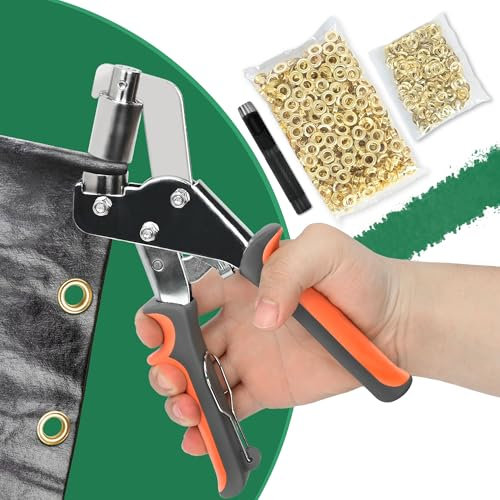 aleawol Grommet Punch Kit 10MM with 1000pcs Gold Eyelets, with Safety Latch, Hand Press Magnetic Hole Punch Pliers for DIY Leather Tarpaulins Paper Bags PVC, with Punch