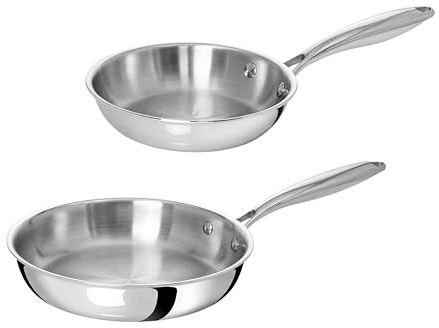 TeCuisine – Set di 2 padelle in acciaio inox 18/10 triply – 18 cm – 24 cm – senza rivestimento – senza PFAS, PFOA, PTFE – Compatibile con tutti i fornelli a induzione – Manico rivettato freddo