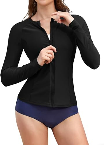SHEKINI T-shirt rashguard à manches longues UPF 50+ avec fermeture éclair, protection UV, haut de bain pour femme, Noir , M