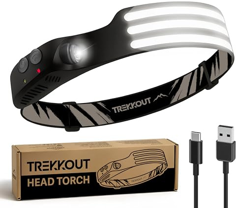 TREKKOUT Torcia frontale a LED ricaricabile, fascio largo 230°, con sensore di movimento, luce LED ultra luminosa a 3 strisce, impermeabile, leggera, per campeggio, corsa, escursionismo e uso