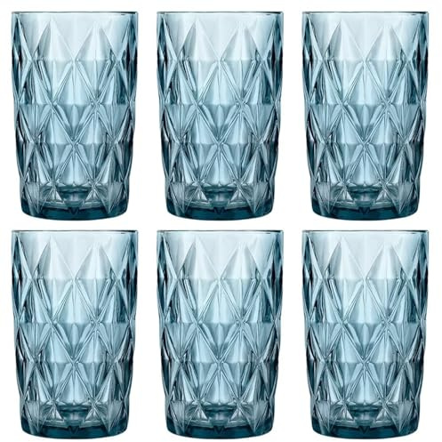 Pack 6 Vasos Altos de Cristal Azul 400 ml – Vasos Highball para Agua y Refrescos Diseño Diamante, Cristal Grueso y Resistente – Aptos Lavavajillas, No Pierden Brillo – Vasos Elegantes
