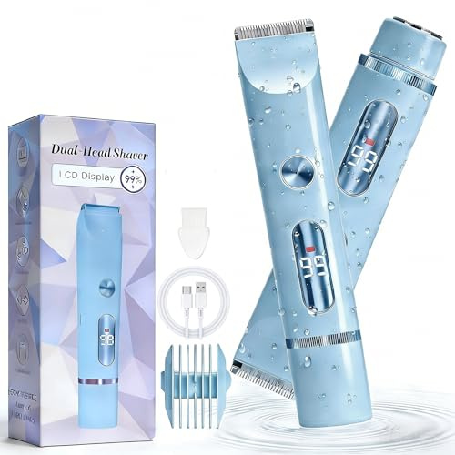 Bamkmbe Rasoio Elettrico da Donna 2 in 1, IPX7 impermeabile per uso bagnato e asciutto, Depilatore Corpo Donna, Bikini Trimmer Senza Fili per Gambe Braccia Ascelle e Zona Bikini, Viso e Corpo (Blu)
