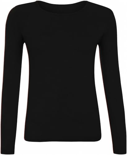 USNA Women's Long Sleeve Round Neck Plain T-Shirt, Slim Fit Stretchy Casual Basic Tee Top, Black, UK Sizes 8-26