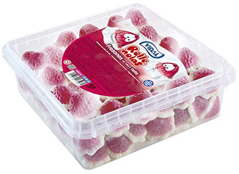 Vidal Golosinas Rellenolas. Fresones con nata. Caramelo de goma con doble textura y sabor fresa nata. Color rosa. Bandeja 65 Unidades