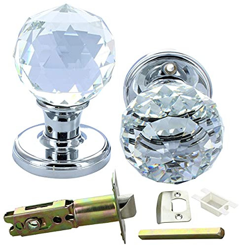 G Decor Türknauf, massiv, runder Kristallschnitt, facettiertes, klares Glas, Chrom-Finish, 60 mm, 1 Paar