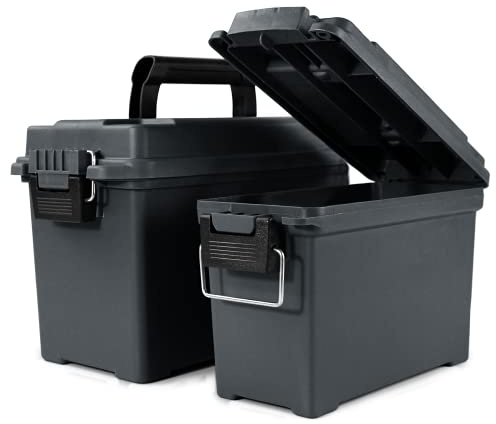 GUGULUZA Plastic Ammo Cans, 2-Pack Lockable Waterproof Storage Containers, Field Boxes with Handle for Hunting Gear, Shooting Supplies, Stackable Dust Resistant Ammo Case Grey