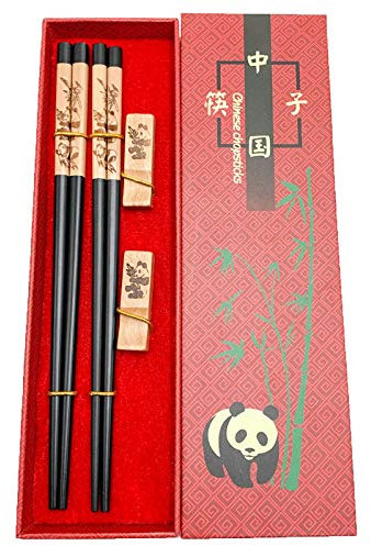 Mainiusi - Set di bacchette in legno con poggiapolsi riutilizzabili in legno naturale giapponese con supporto panda 2 paia di stoviglie tradizionali cinesi per principianti, con confezione regalo