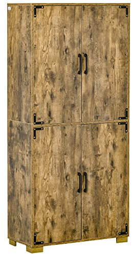 HOMCOM Farmhouse 4-Door Cabinet, Freestanding Tall Cupboard with Storage Shelves for Bedroom & Living Room, Rustic Wood Effect