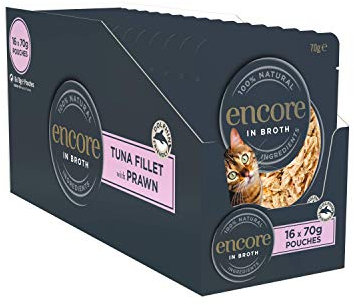 Encore 100% natürliches Premium Nassfutter für Katzen, Thunfischfilet mit Garnele in Brühe für erwachsene Katzen - Packung mit 16 x 70g Beuteln