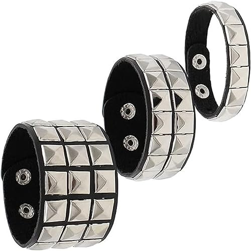 BaBakiak 3 Piece 80s Leather Studded Punk Bracelet, Rock Studded Leather Wristband for Men Women