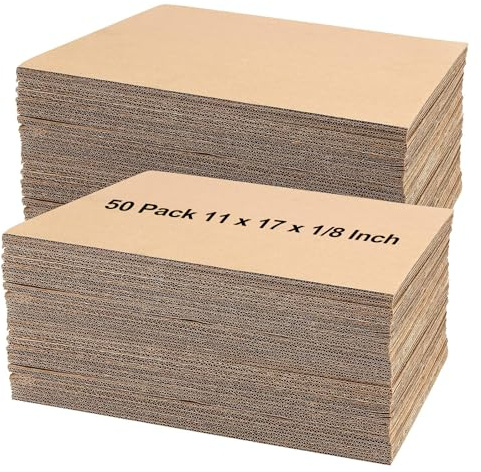 HEIHAK 50 Pack 11 x 17 Inch Corrugated Cardboard Sheets, 1/8 Inch Thick Cardboard Packaging Sheets, Rectangle Flat Cardboard Inserts Pads for Crafts, Shipping, Packing, Mailing, Dividers, Brown